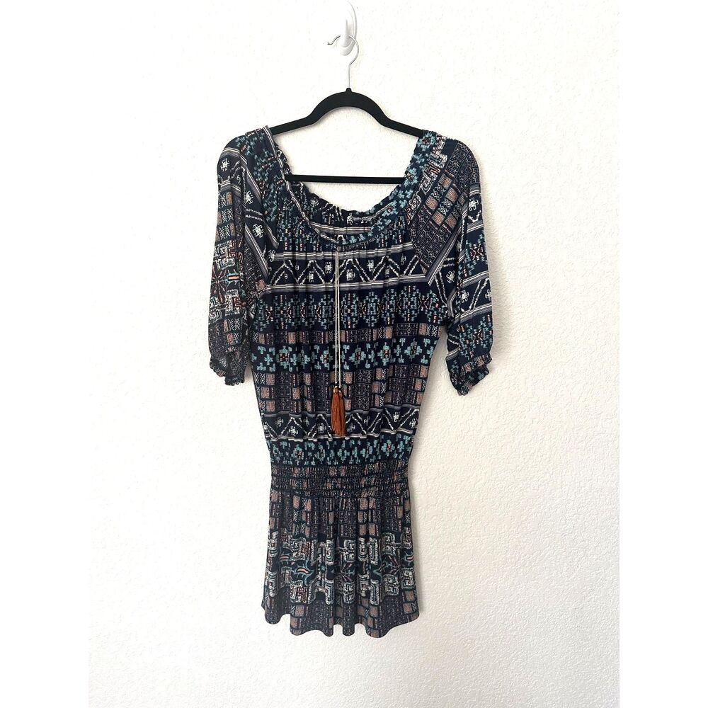 MISA Los Angeles Off Shoulder Mini Smocked Dress Blue Tassel Size XS